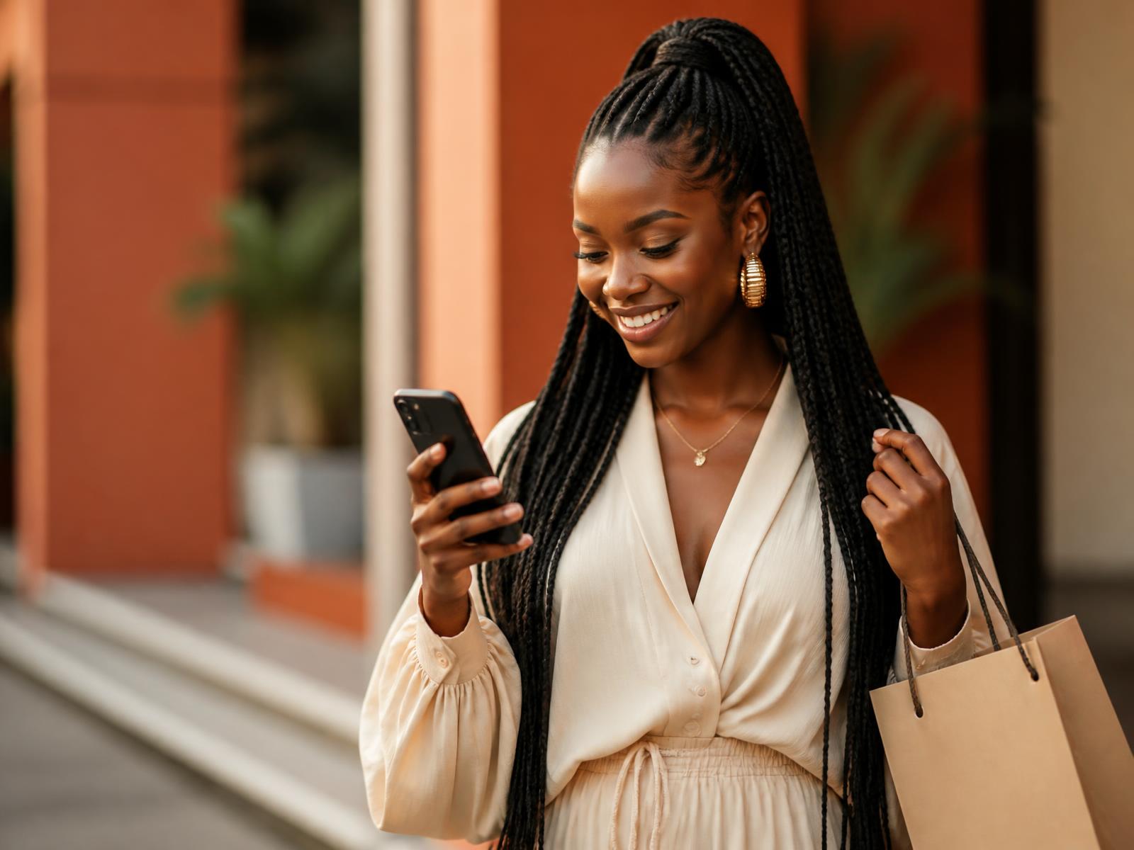 A shopper in Accra browsing on her phone, holding a shopping bag