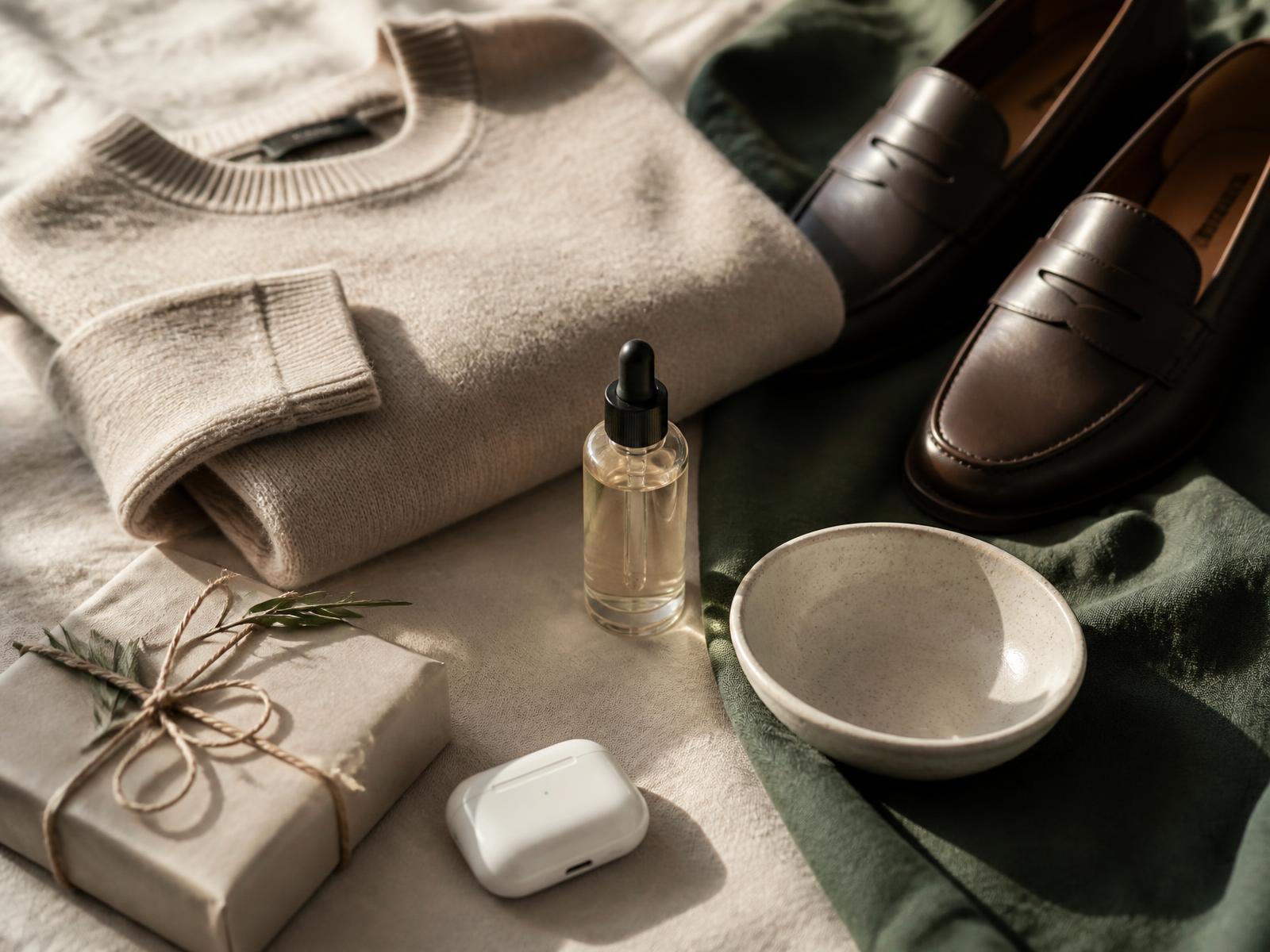 A considered selection of everyday products — knitwear, skincare, shoes, homeware and a wrapped gift